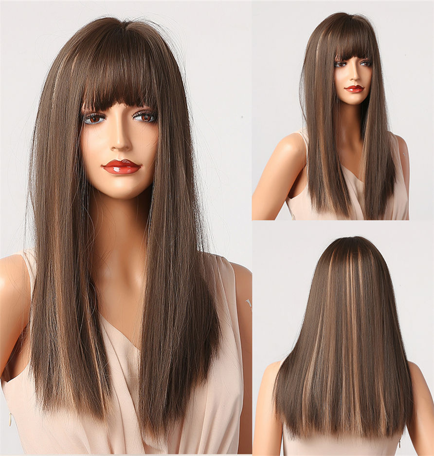 Mix Color Long Balayage Hair Ombre Synthetic Straight Hair Capless Wig With Bangs 28 Inches