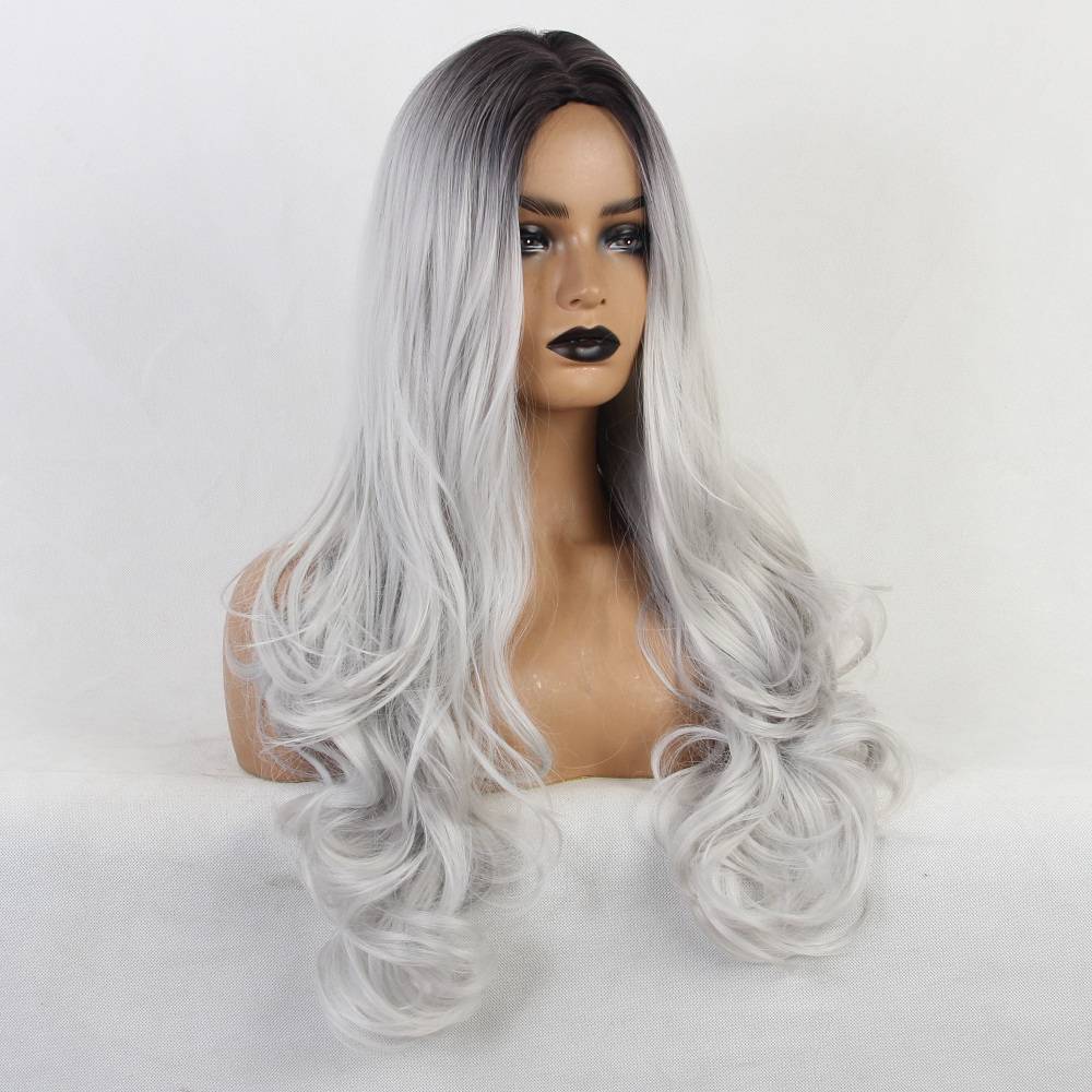 Ombre White Color Long Synthetic Hair Wavy Wig 24 Inches