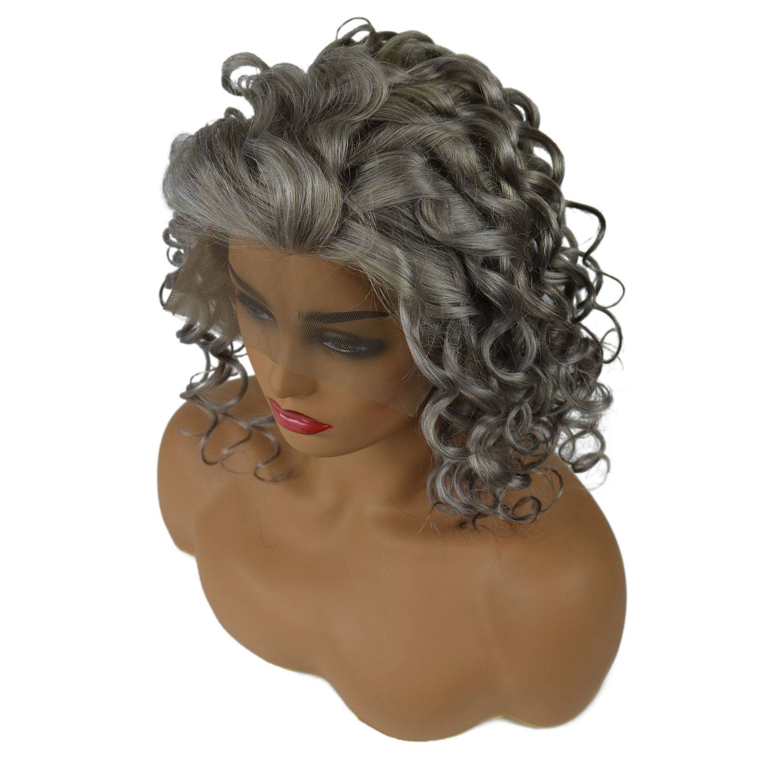 Salt and Pepper Hair Medium Length Human Hair Lace Front Curly Wigs 18 Inches