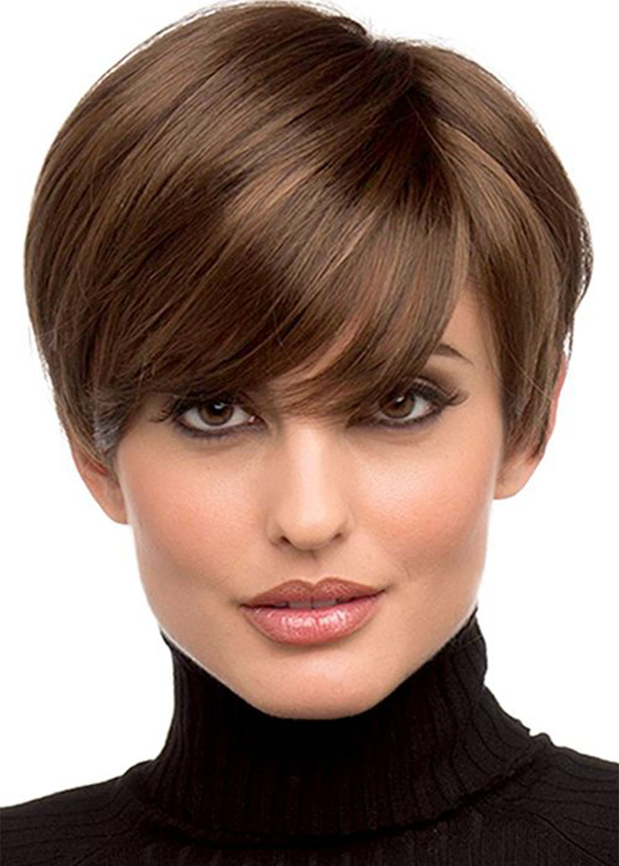 Pixie Cut Hairstyles Women's Side Part Short Length Human Hair Lace Front Wigs With Bangs 8Inch