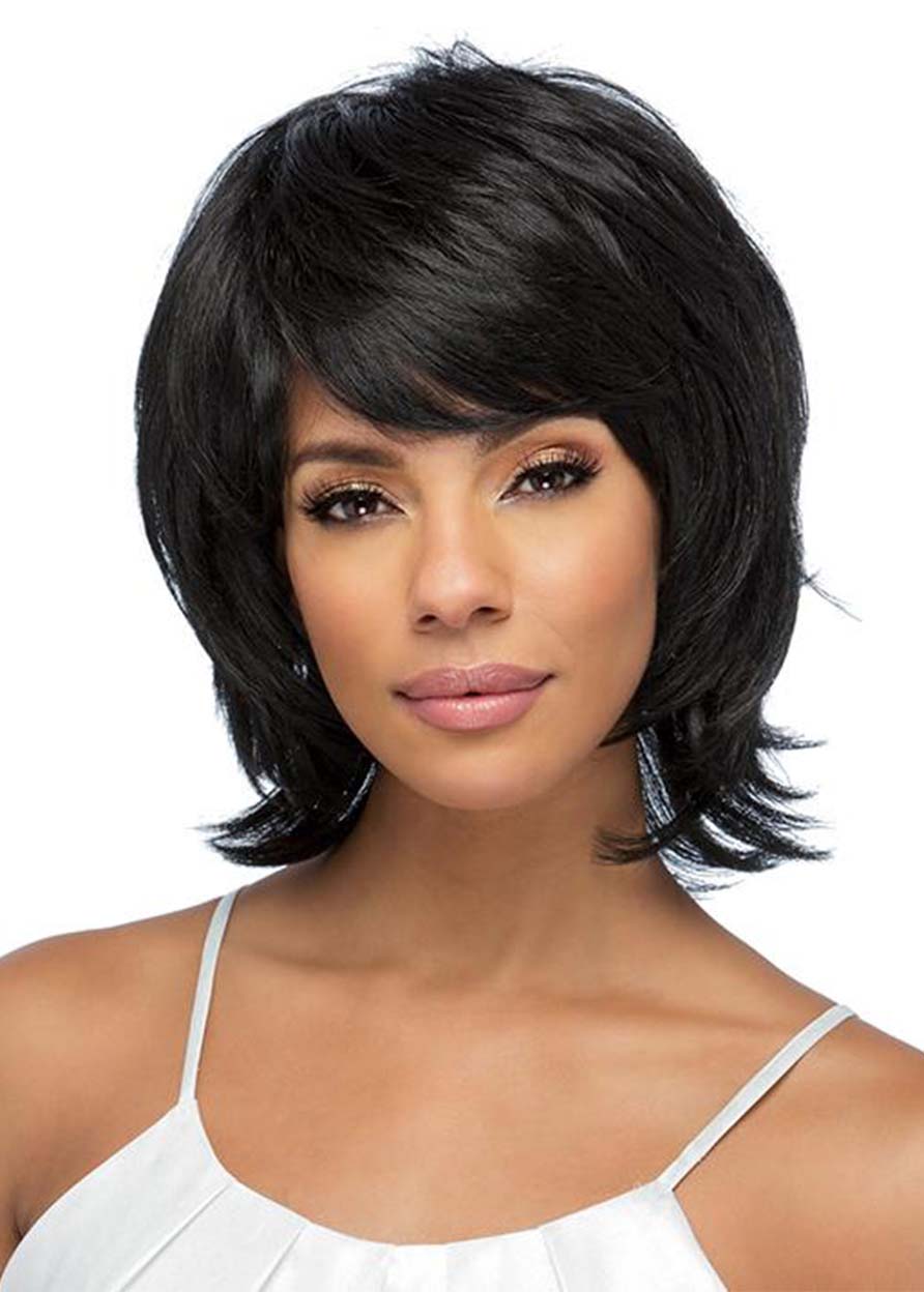 Women's Short Layered Hairstyles Wavy Human Hair Wigs With Bangs Capless Wigs 12Inch