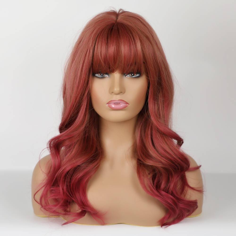 Red-Brown Natural Wavy Synthetic Wigs With Neat Bangs 22 Inches