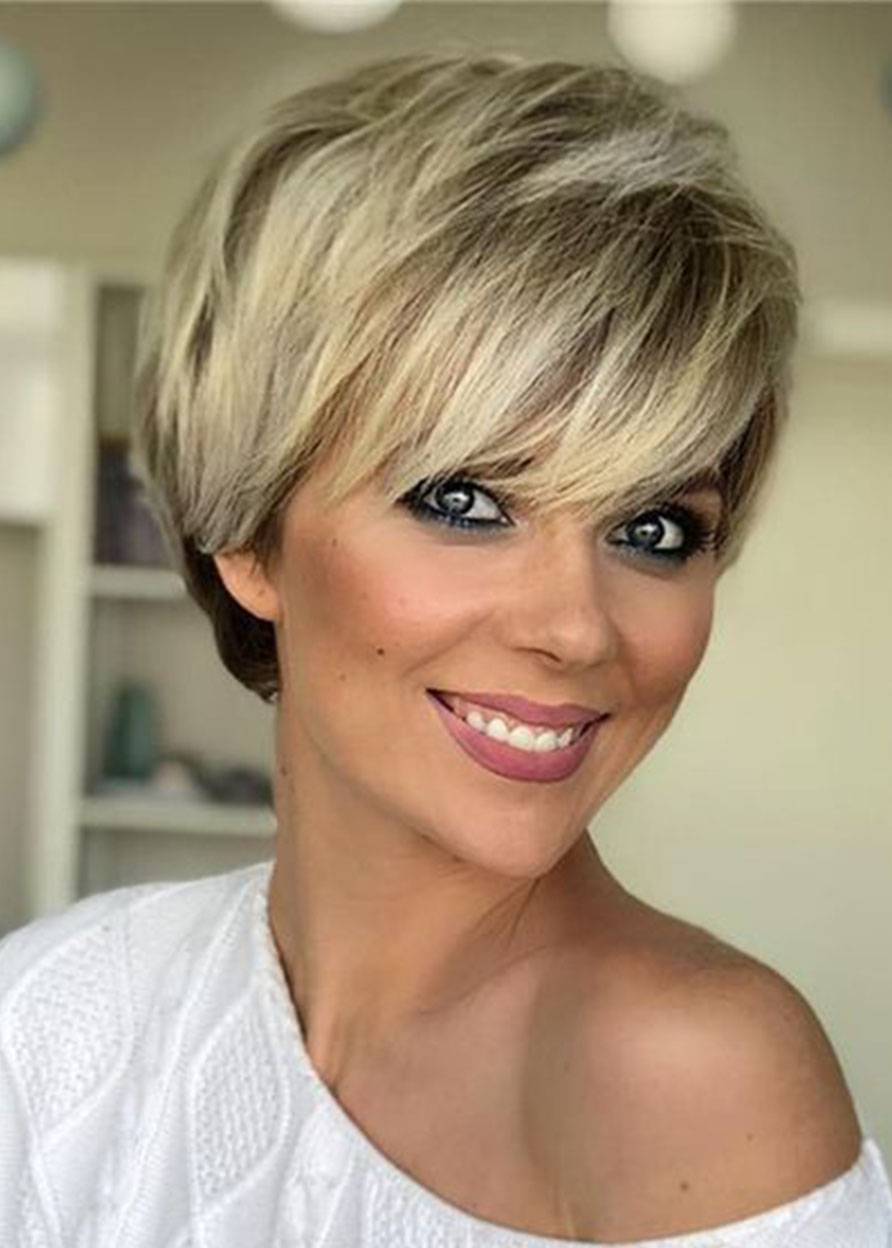 Short Blonde Wigs Straight Bob Hair Wigs with Bangs Natural Looking Synthetic Capless Wig 10inch