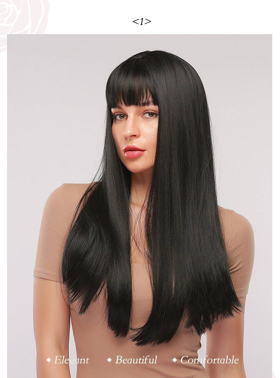 Long Synthetic Natural Straight Hair With Bangs Capless Wig 28 Inches