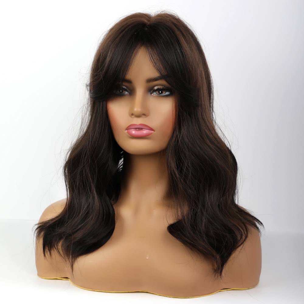 Dark Brown Highlights Wave Synthetic Hair Wigs With Bangs 20 Inches