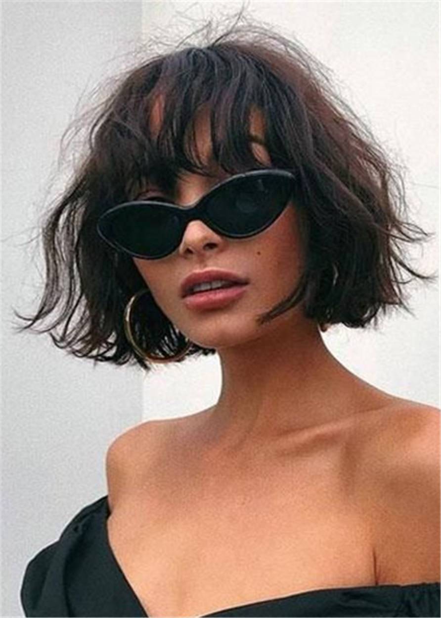 Short Wavy Human Hair Bob Wig With Bangs Women Wig 14 Inches