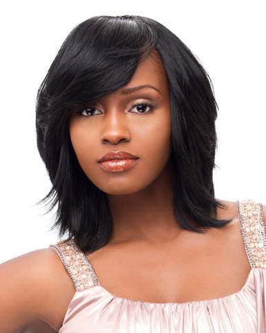 Medium Straight Jet Black Basic Layered Cut Human Hair Capless Wig 12 Inches