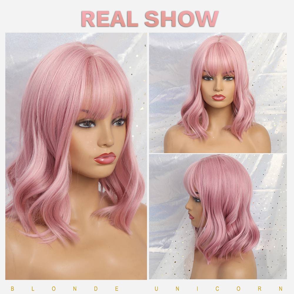 Medium Hairstyle Pink Wavy Synthetic Hair Wig 12 Inches