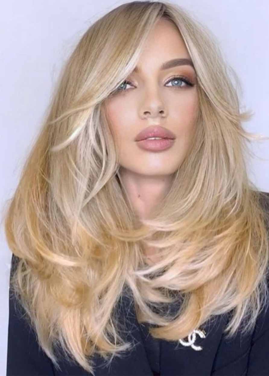 Women's Trendiest Haircuts with Soft Curtain Bangs Straight Synthetic Hair Capless Wigs 22Inch