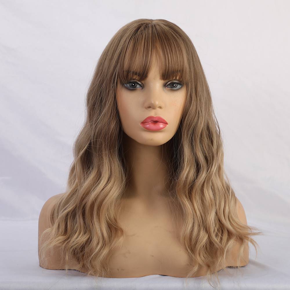 Long Brown Wavy Synthetic Hair With Bangs Women Wig 20 Inches