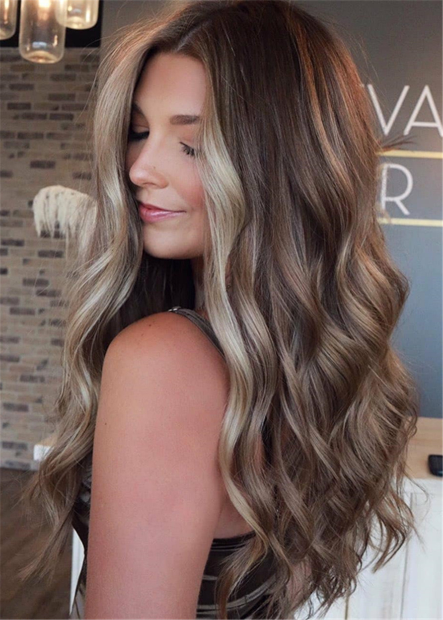 Light-Brown With Blonde Balayage Long Hairstyles Long Wavy Human Hair With Color Trends 28Inches