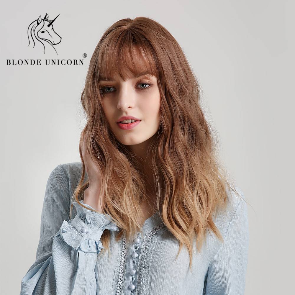 Long Brown Wavy Synthetic Hair With Bangs Women Wig 20 Inches