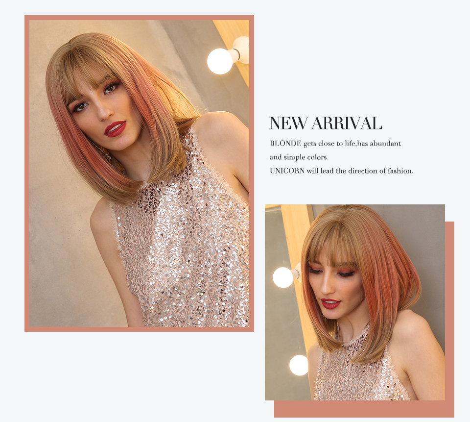 Medium Bob Ombre Straight Hair With Bangs Synthetic Wig 14 Inches