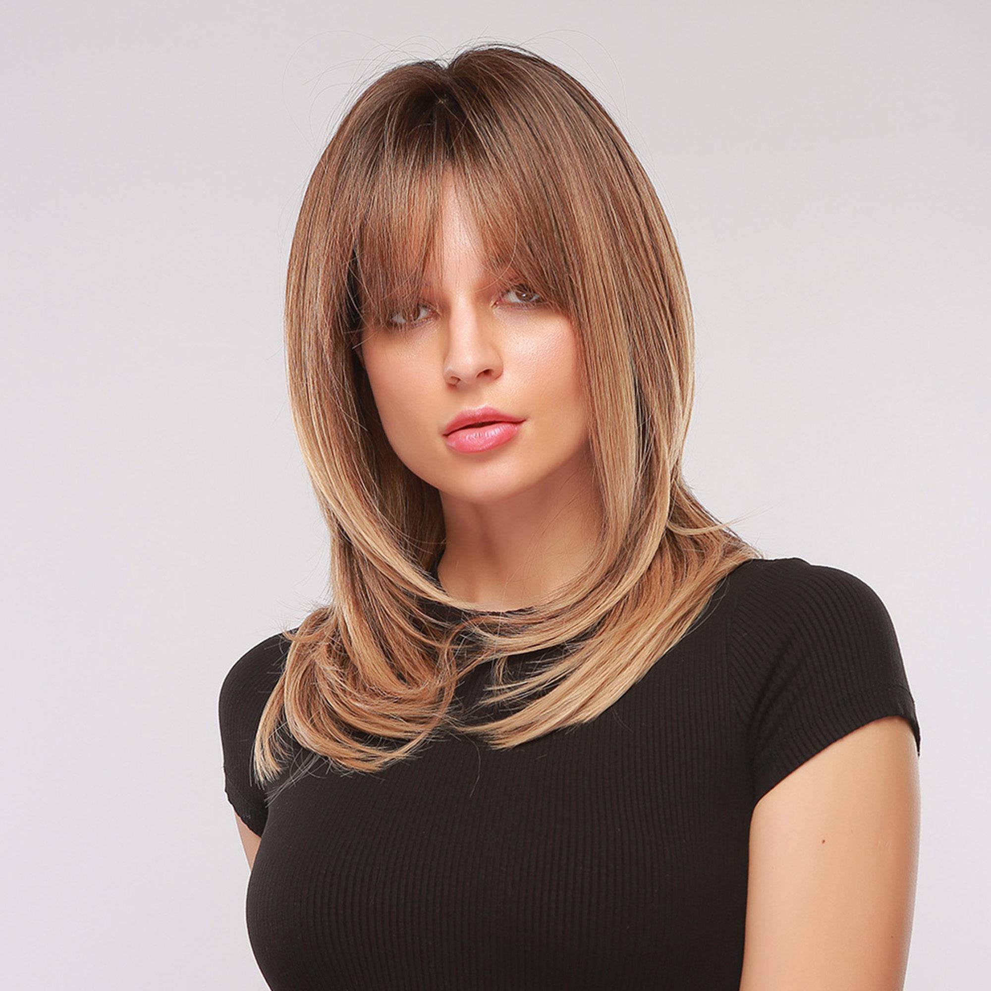 Chin-Length Natural Straight Synthetic Hair With Bangs Women Capless Wig 18 Inches