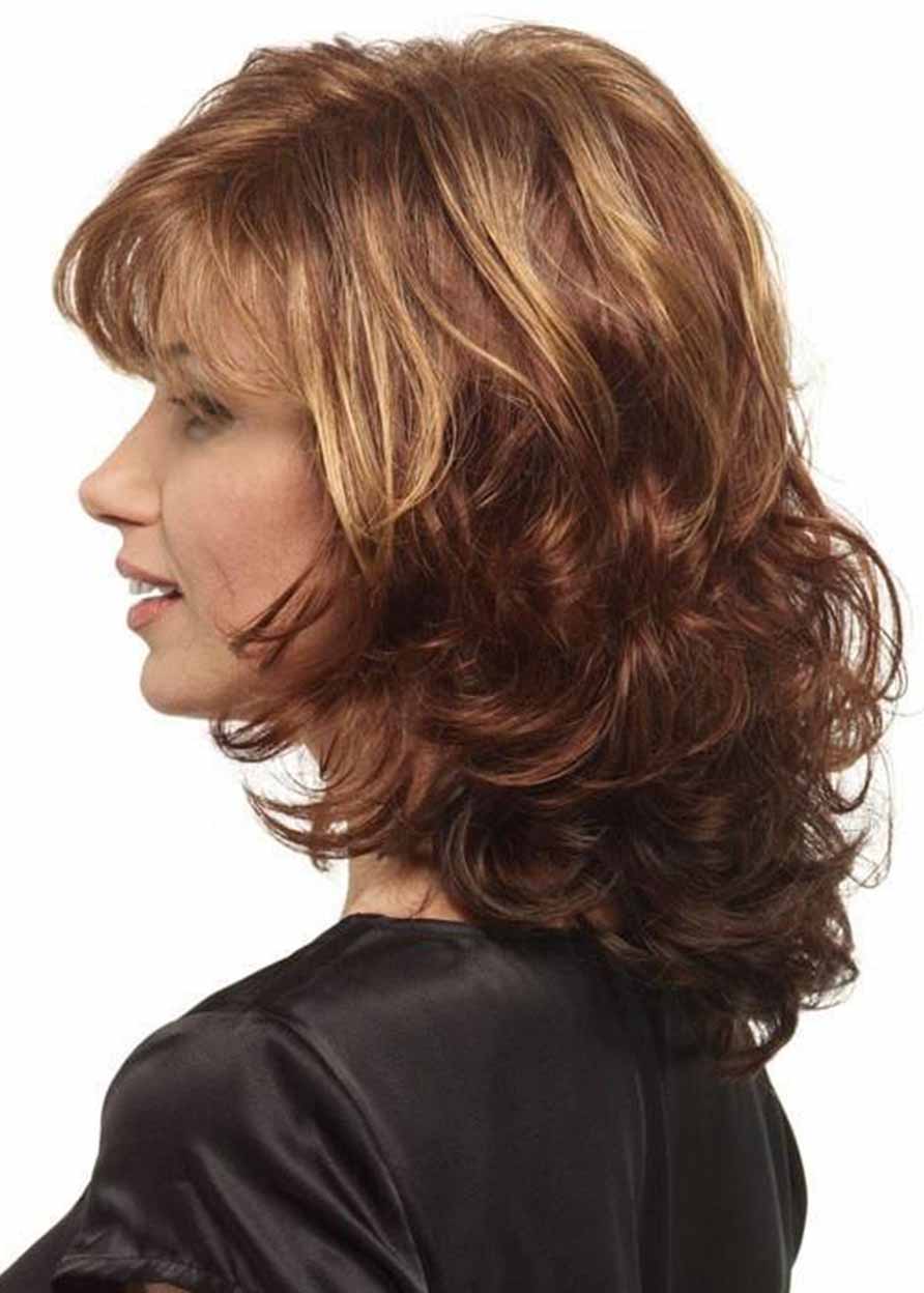 Women's Contemporary Shoulder Length Layers Loose Wavy Synthetic Hair Capless Wigs With Soft Wispy Bangs 18Inch