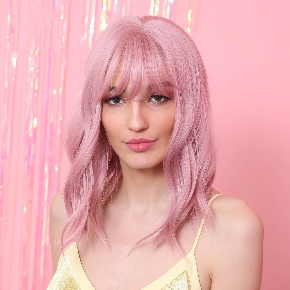 Medium Hairstyle Pink Wavy Synthetic Hair Wig 12 Inches