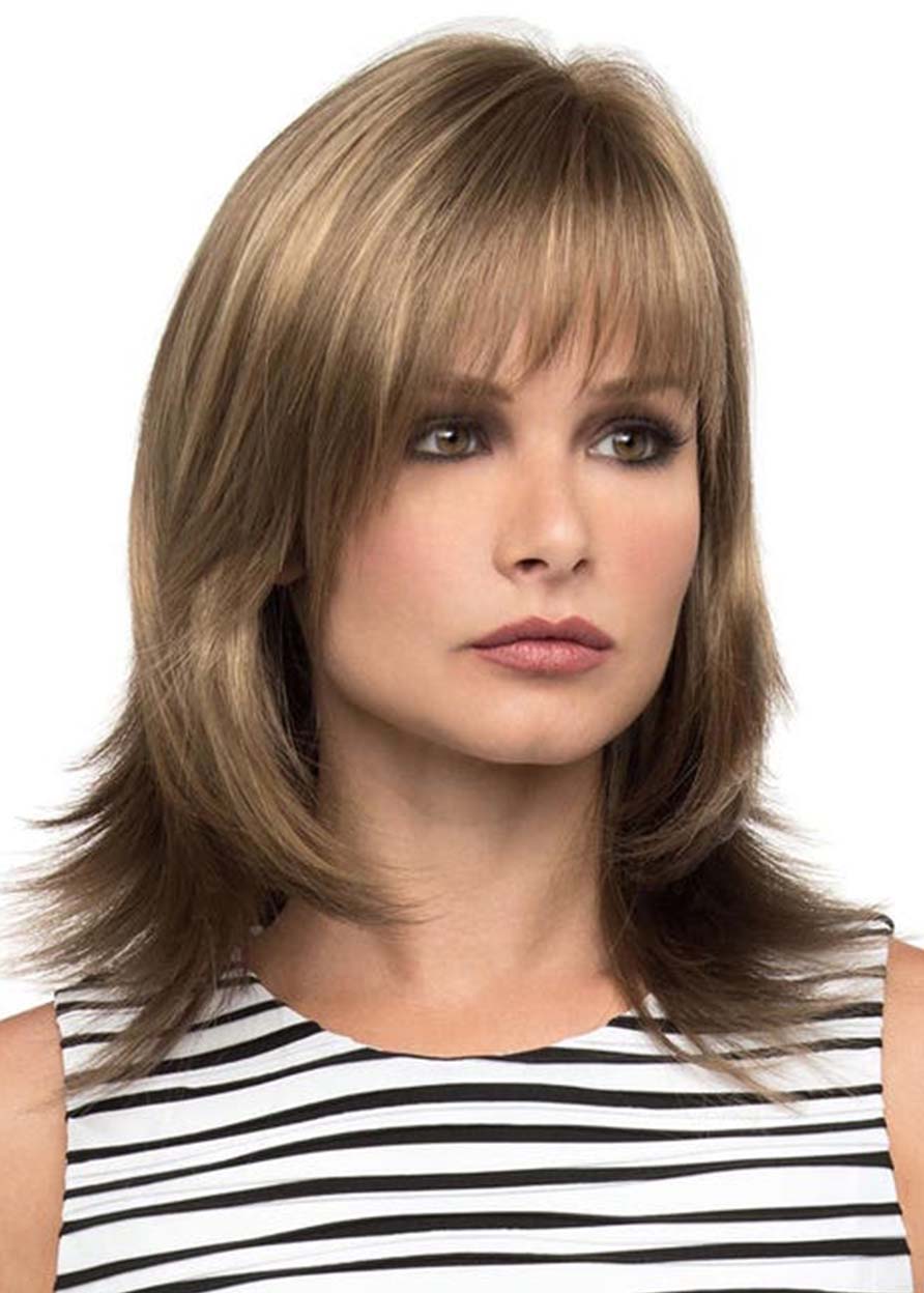 Women's Medium Shaggy Layered Straight Synthetic Hair Wigs With Bangs Capless Wigs 16Inch