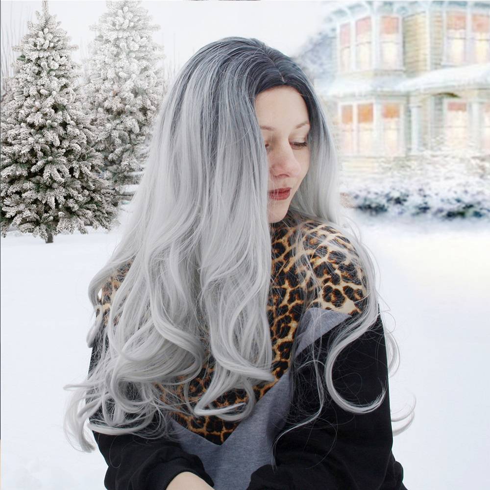 Ombre White Color Long Synthetic Hair Wavy Wig 24 Inches