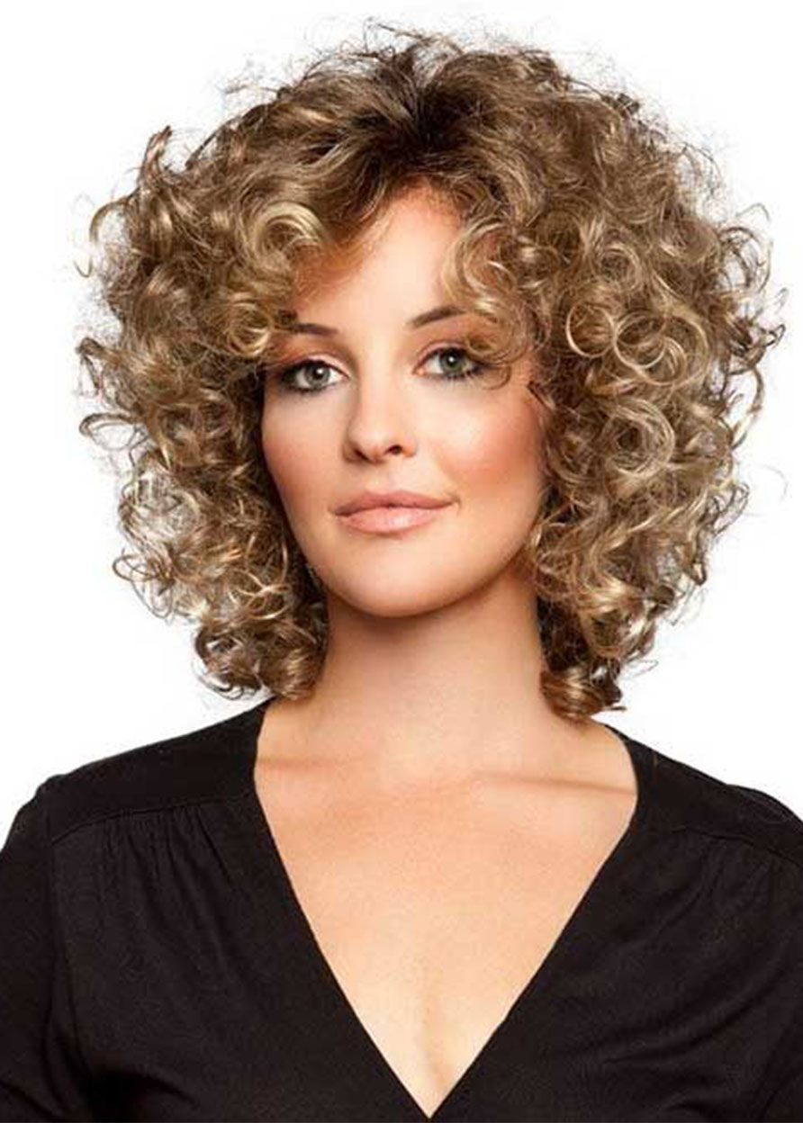 Short Light Brown Afro Curly Synthetic Hair Wig Kinky Curly Lace Front Wig 18inch