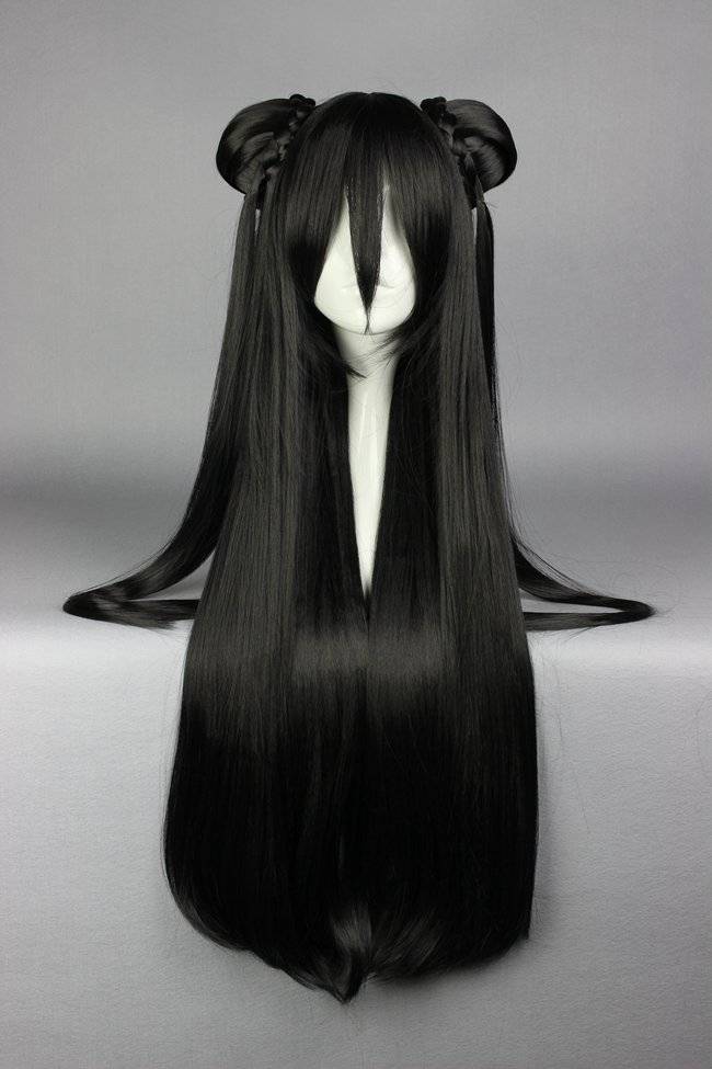 Super Long Straight Black Cosplay Wig with Ponytails