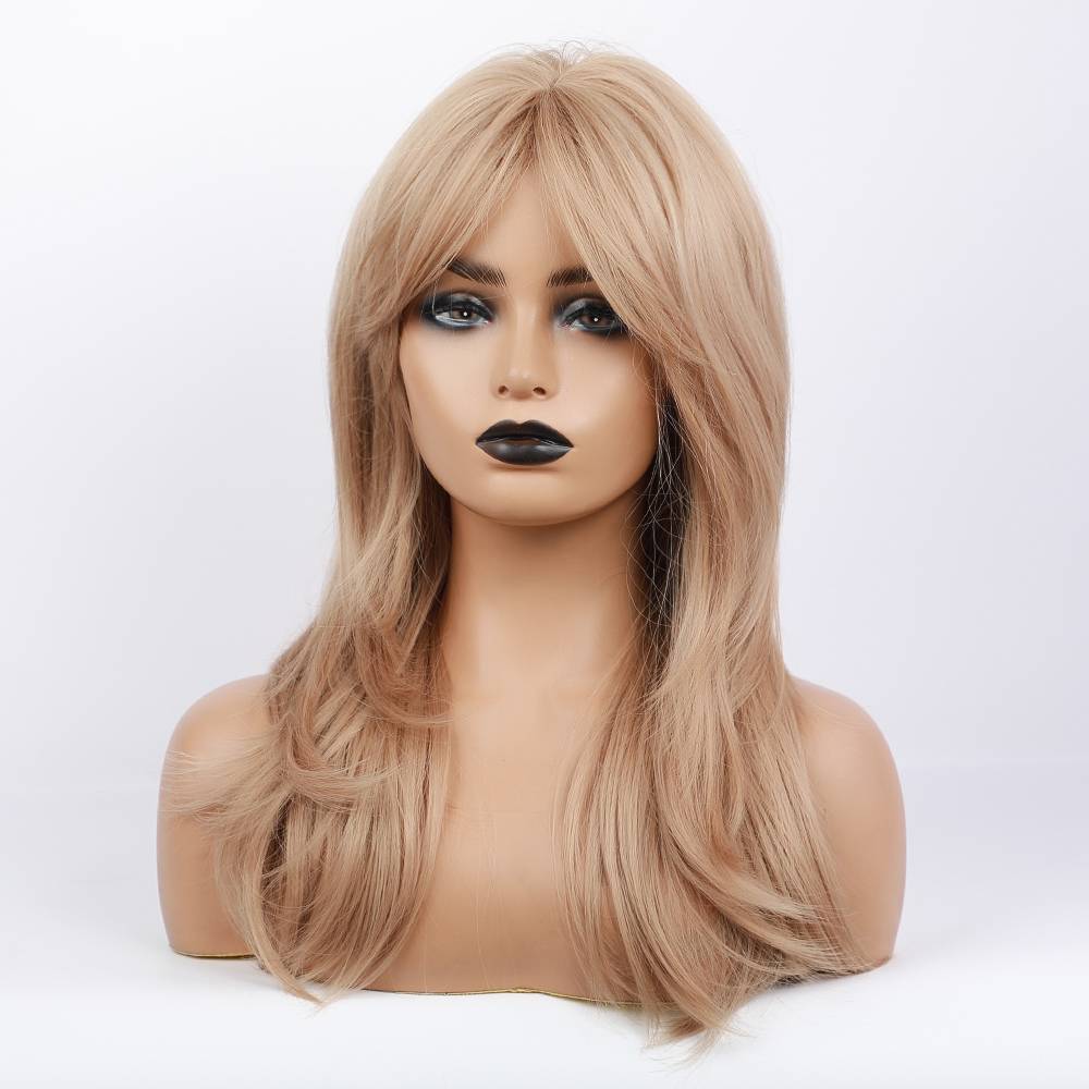 Long Blonde Straight Layered Synthetic Wigs Middle Part With Bangs 24 Inches