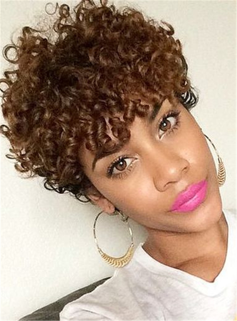 Pixie Light Brown Loose Curly Synthetic Hair Capless African American Wigs 8 Inches