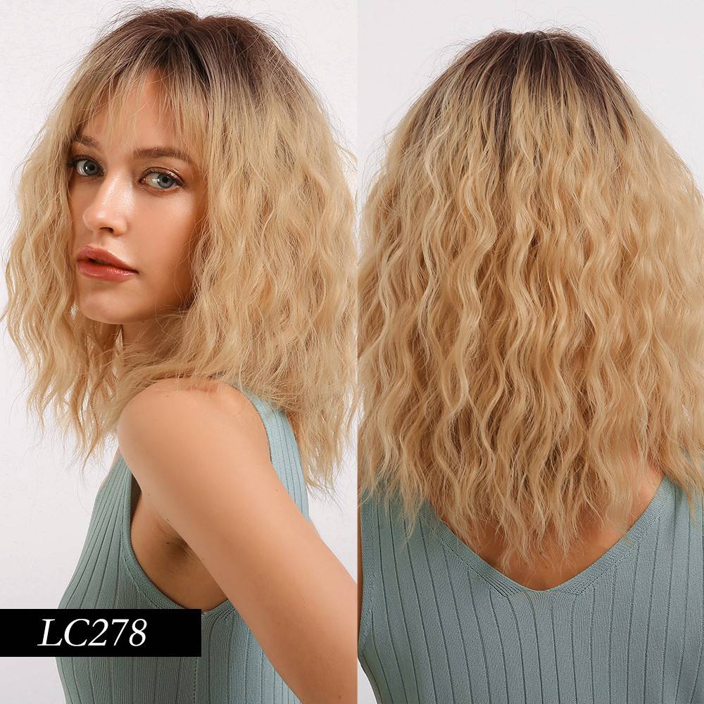 Long Bob Light Color Wavy Synthetic Hair Women Wig With Bangs 18 Inches