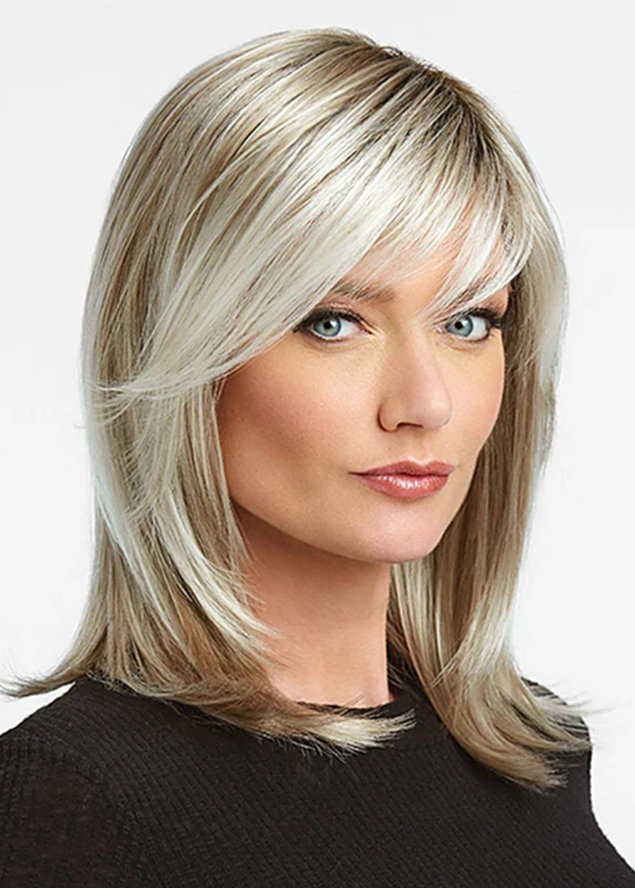 Medium Hairstyles Women's Blonde Color Straight Synthetic Hair Capless Wigs 16Inch