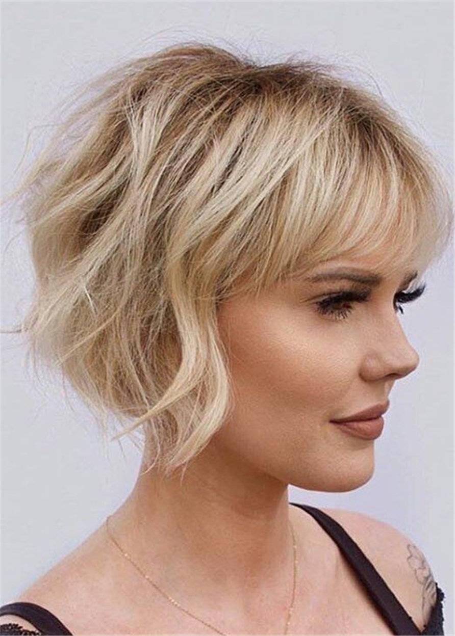 Summer Haircut Women's Layered Wavy Human Hair With Bangs Capless Wigs 12Inch