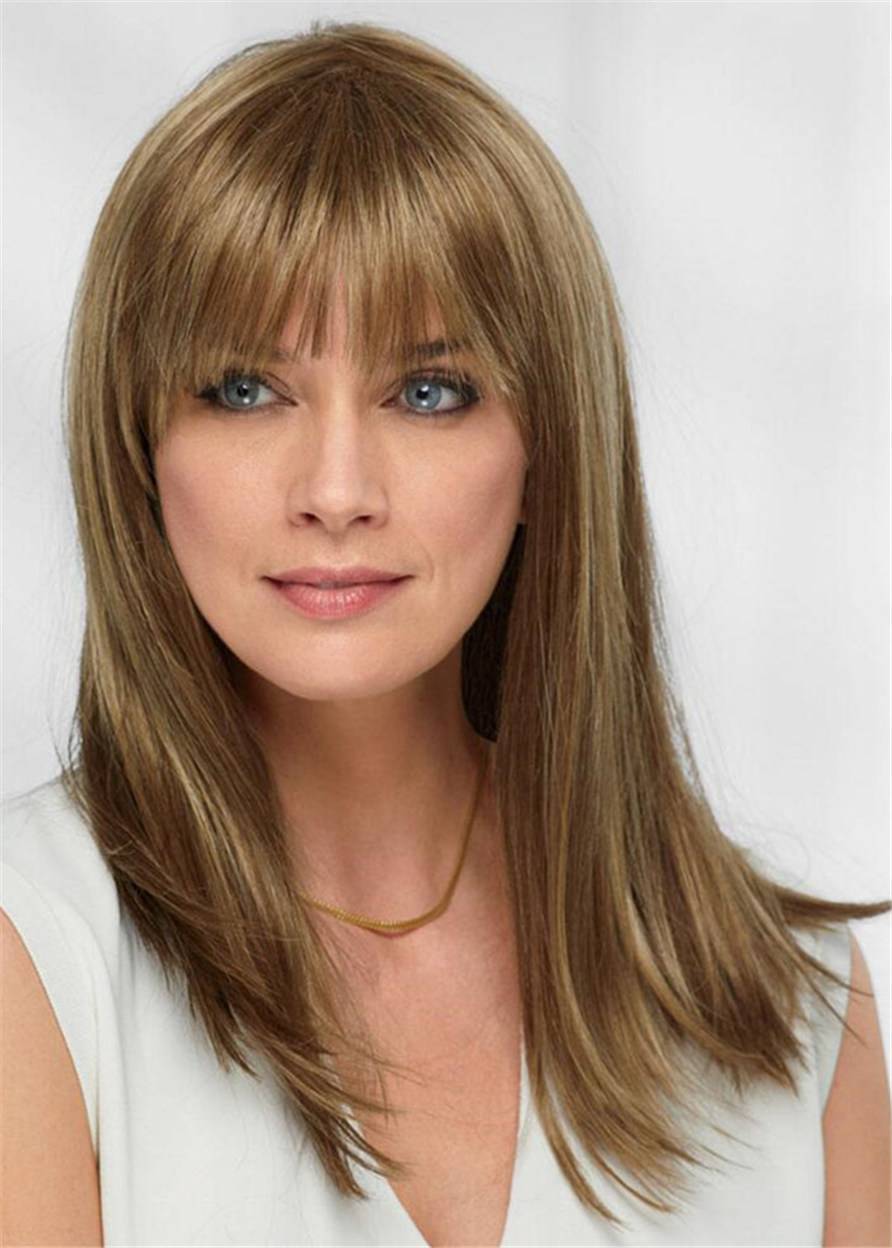 Long Natural Straight Human Hair With Softly Swept Bangs Women Wig 18 Inches