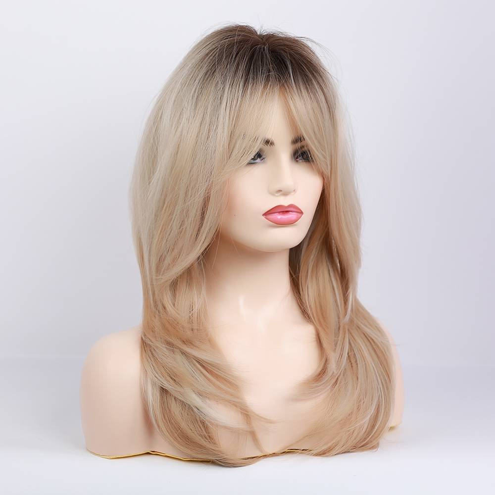 Long Blonde Synthetic Wigs With Layered Bangs Women Wig 24 Inches