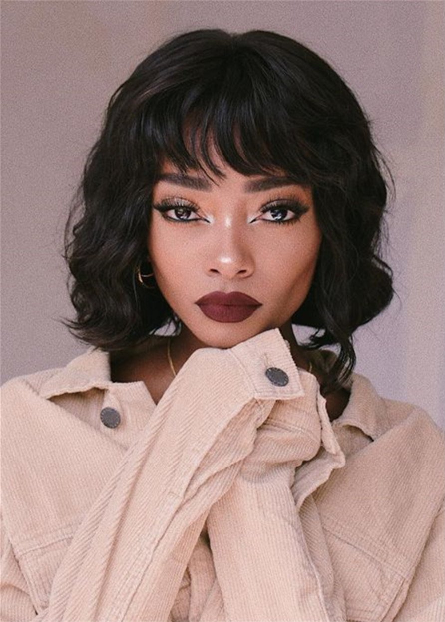 Short Wavy Bob Style Human Hair Capless Wigs With Bangs 14Inch For African American Women