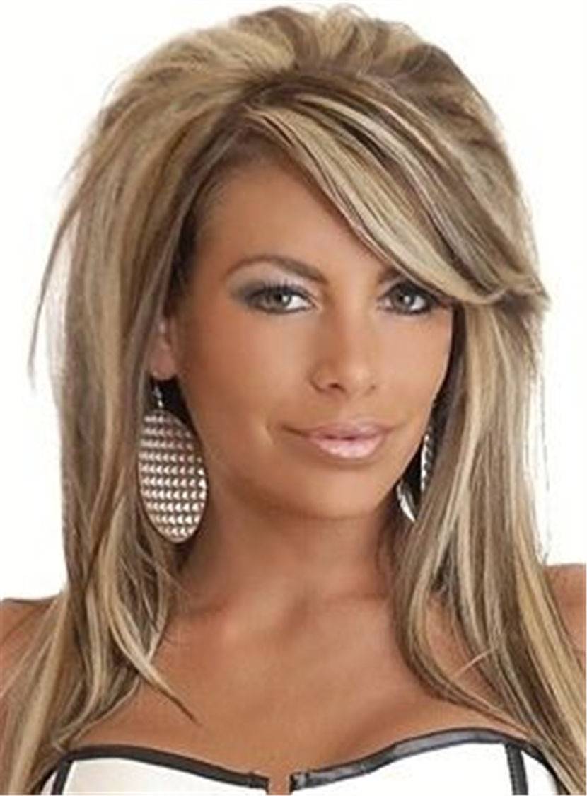 Mixed Color Teased Layered Straight Synthetic Hair With One Side Part Bangs Capless Cap Wigs 16 Inches