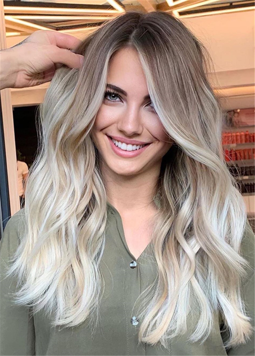 Ombré-Balayage Hairstyle Light Brown to Light Blonde Long Wavy Human Hair Wig 26 Inches
