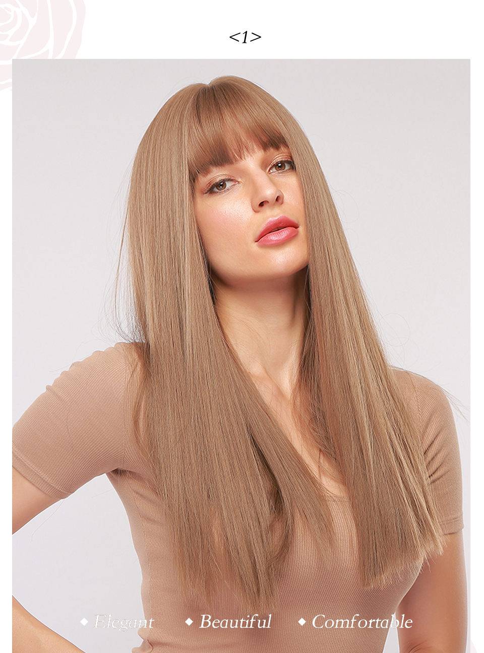 Women's Long Natural Straigt Synthetic Hair With Bangs Capless Wig 26 Inches