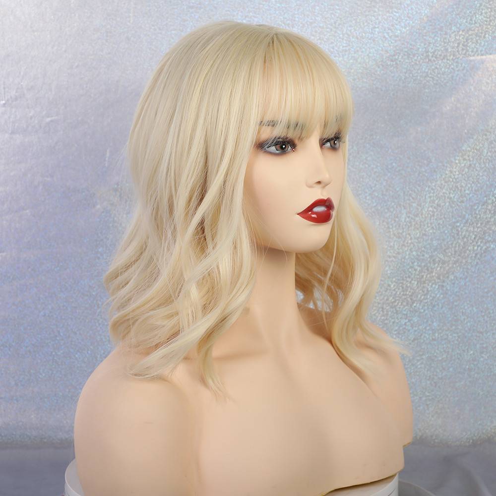 Women's Long Wavy Bob Synthetic Hair Wigs With Neat Bangs 14 Inches