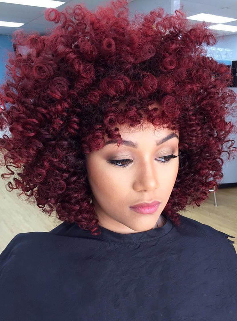 Red Kinky Curly Medium Synthetic Hair With Bangs Loose Messy Arican American Capless Wigs 14 Inches