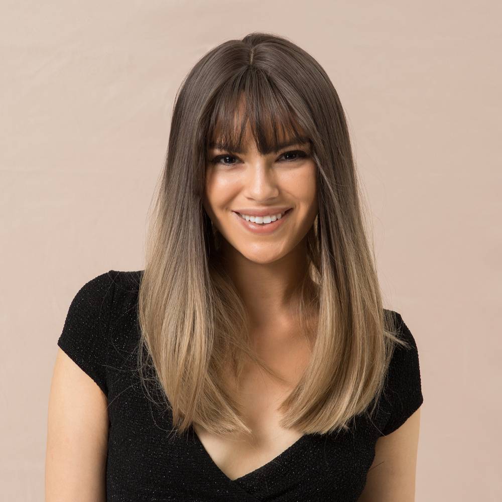 Long Bob Ombre Color Synthetic Hair Straight Wig With Bangs 20 Inches