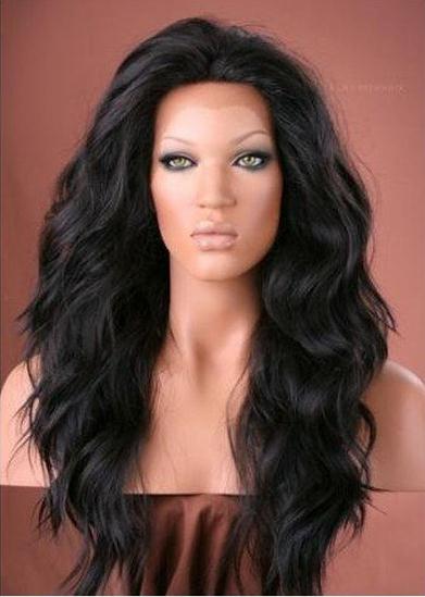 Affordable Free Style Long Wavy Black Cheap Heat Resistant Synthetic Lace Wigs 22 Inches