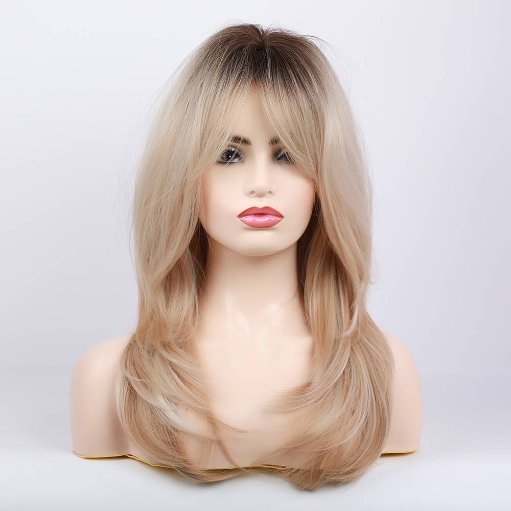 Long Blonde Synthetic Wigs With Layered Bangs Women Wig 24 Inches