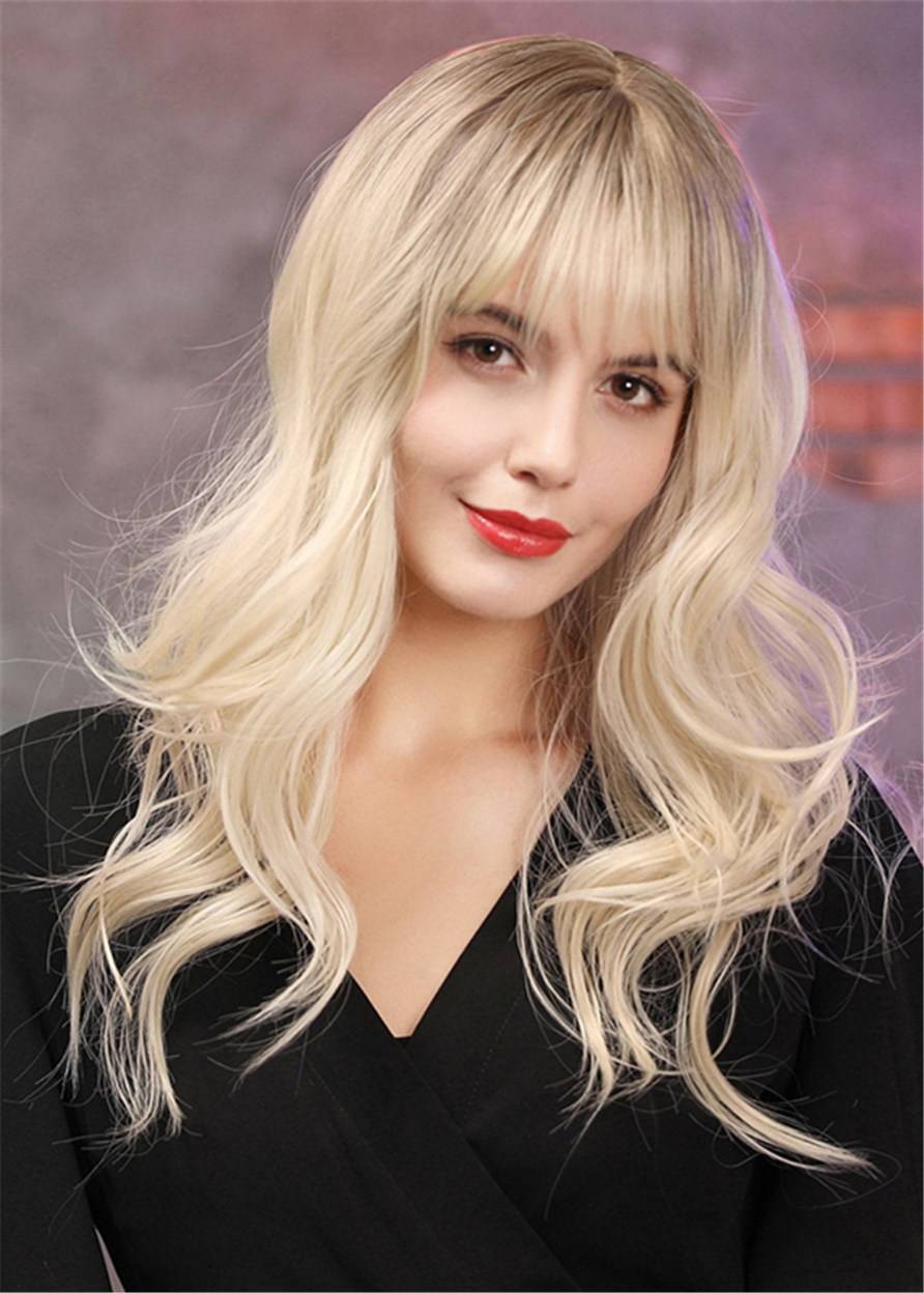 Liight Cilor Long Wavy Synthetic Hair WIth Bangs Women Wig 22 Inches