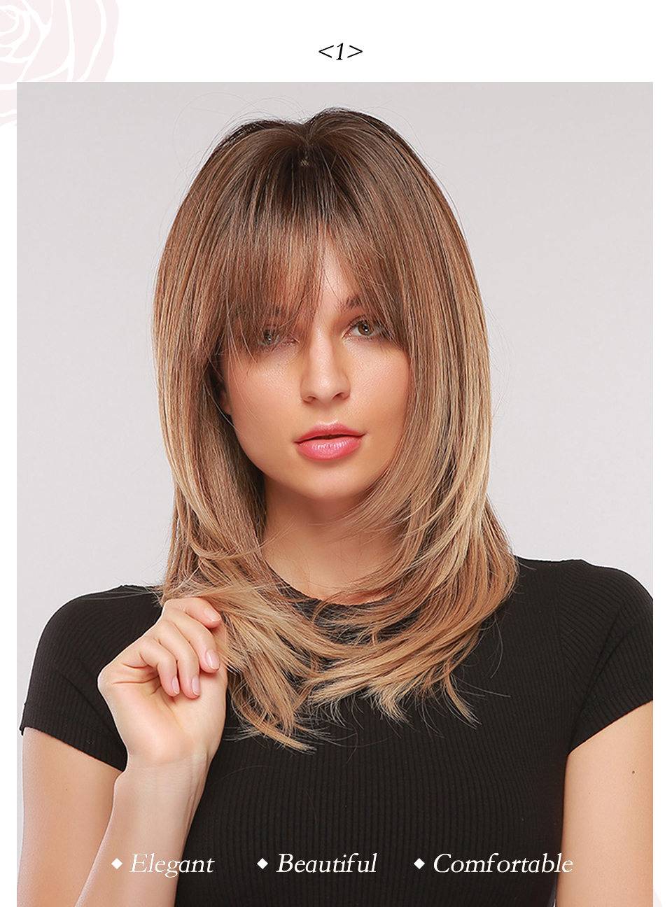 Chin-Length Natural Straight Synthetic Hair With Bangs Women Capless Wig 18 Inches