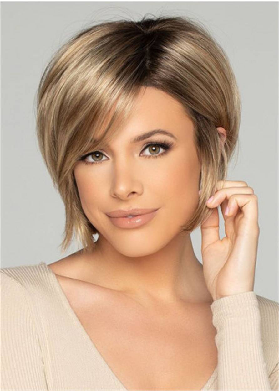 Women's Short Bob Hair Cut Natural Straight Synthetic Hair Wigs With Bangs 12Inch