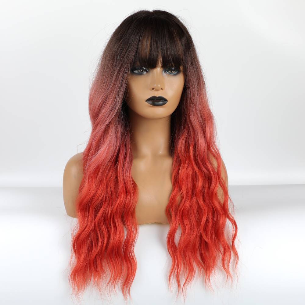 Long Ombre Color Synthetic Hair Wigs With Bangs 26 Inches