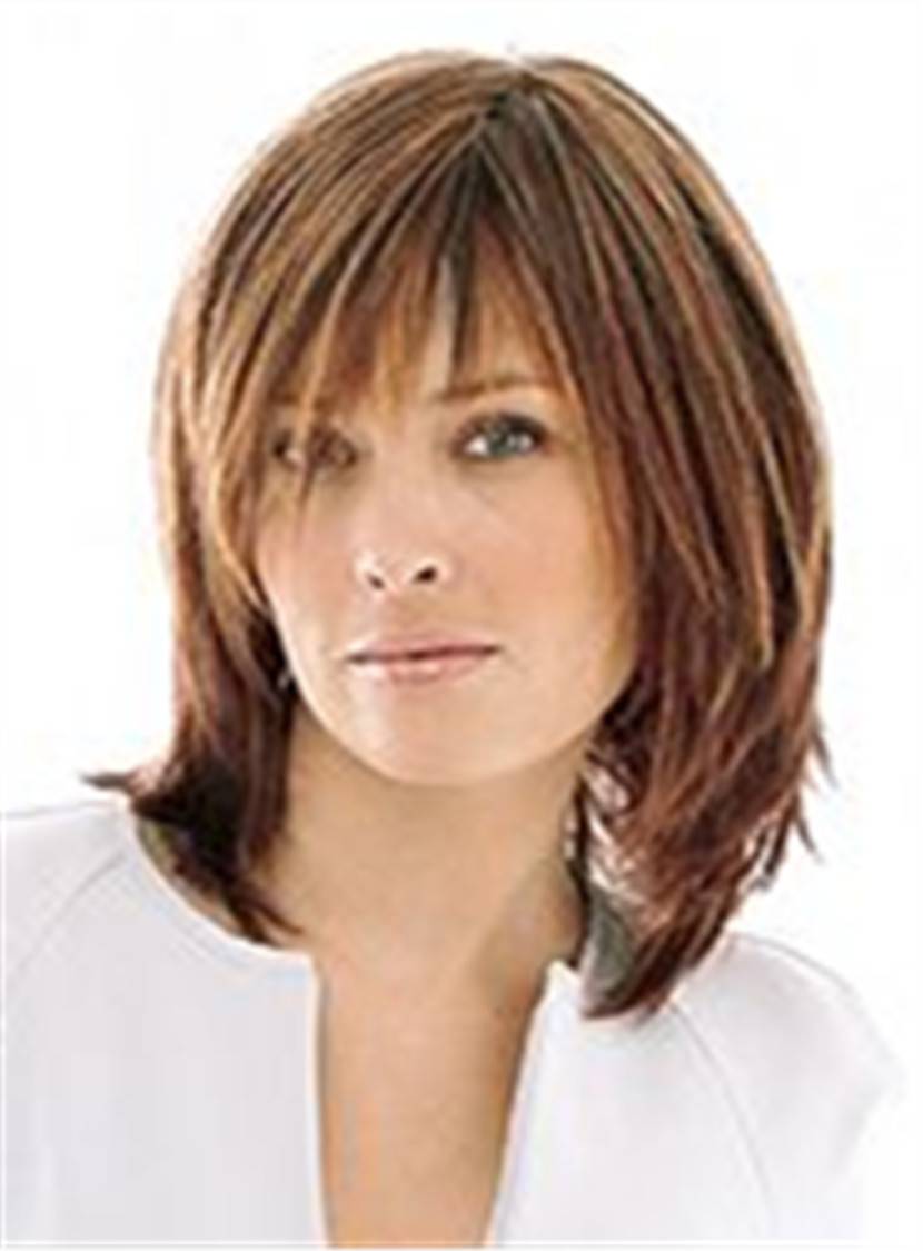 Medium Shaggy Lob Straight Human Hair With Bangs Women Wig 12 Inches