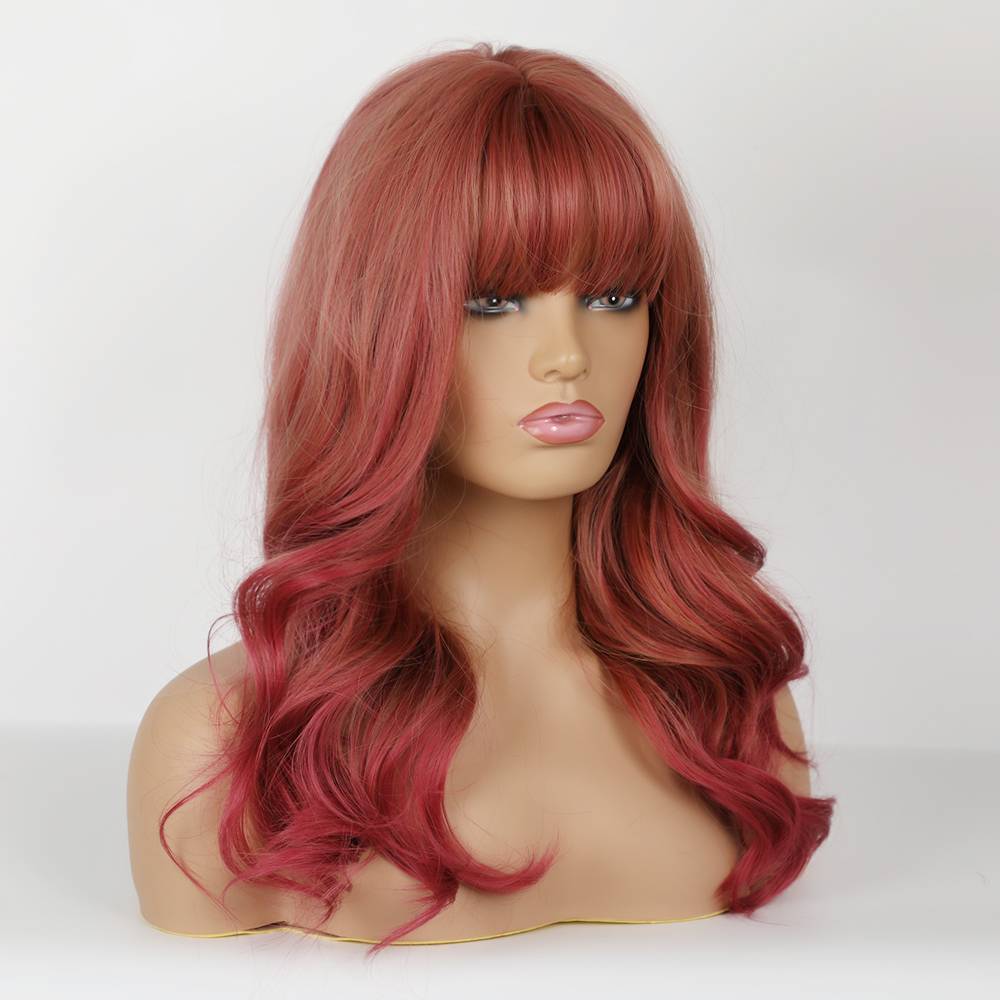 Red-Brown Natural Wavy Synthetic Wigs With Neat Bangs 22 Inches