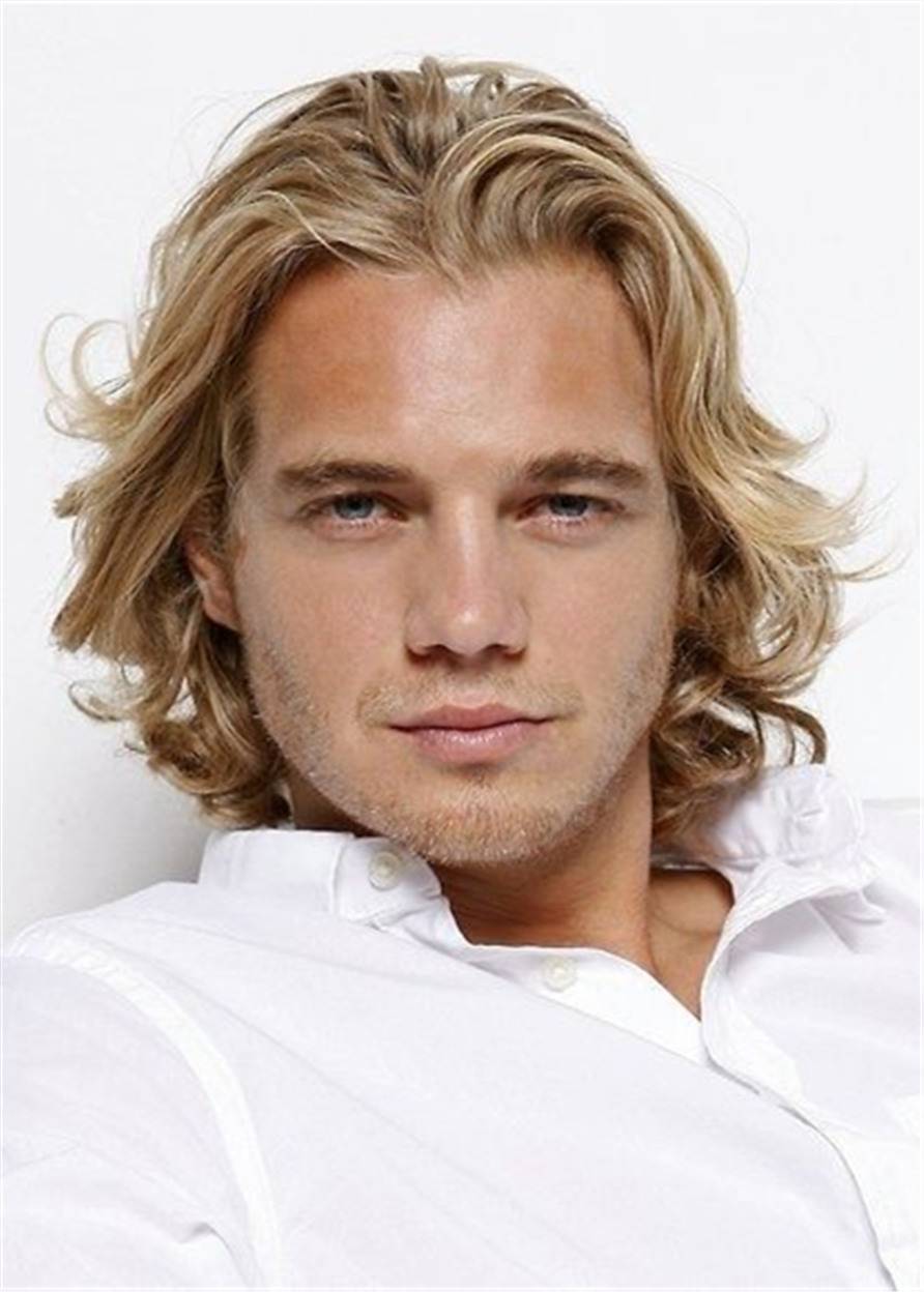 Medium Wavy Human Hair Men's Wig