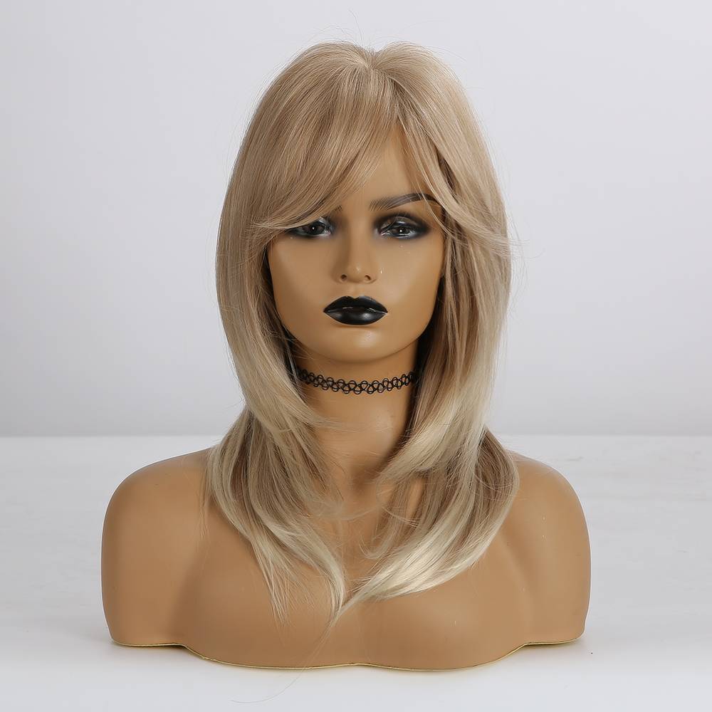 Light Blonde Layered Synthetic Hair Wigs With Bangs 20 Inches