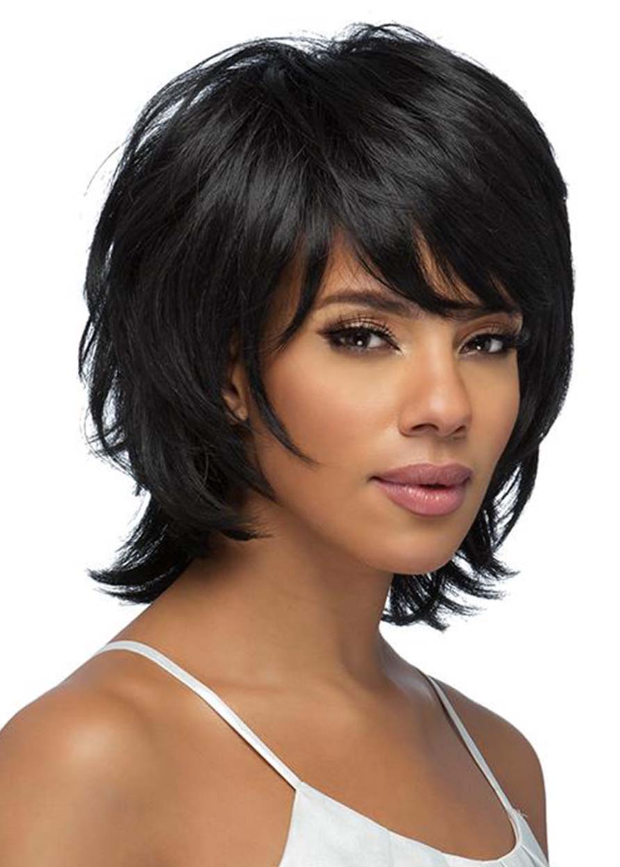 Women's Short Layered Hairstyles Wavy Human Hair Wigs With Bangs Capless Wigs 12Inch