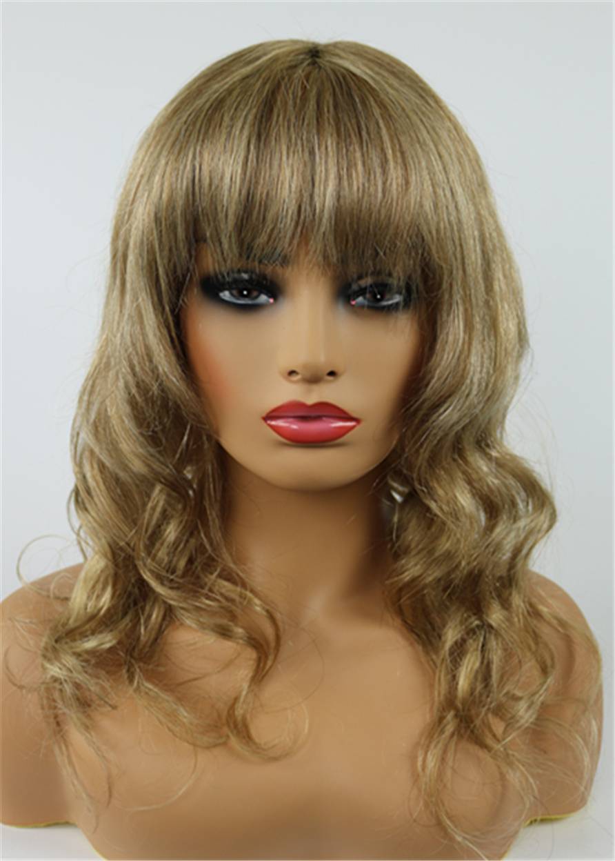 Medium Wavy Cut With Bangs Human Hair Capless Wig 16 Inches